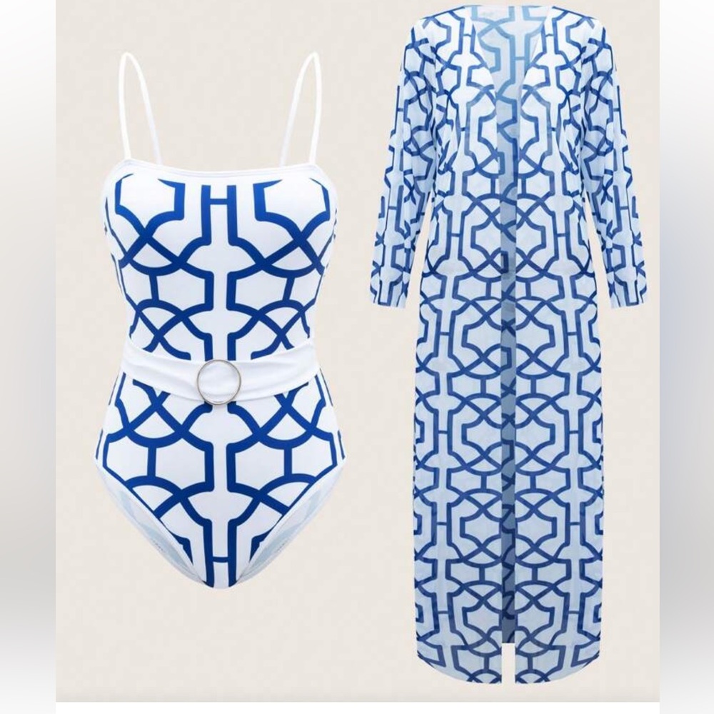 SHEIN Blue and White Geometric Swimsuit and Cover-Up Set XL NWOT